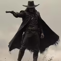 a person holding a gun in front of an overcast sky