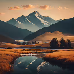 a valley that has some water in it,a small lake surrounded by trees in front of a mountain range