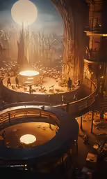 two large circular structures with people standing on them