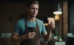a man wearing an apron, holding a cell phone in his hand