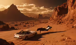 an abandoned car traveling through desert terrain at sunset