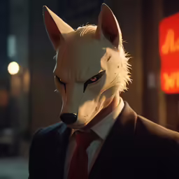 an animated wolf mask sitting in front of a building