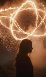 a woman with her back to the camera as fireworks erupt over her