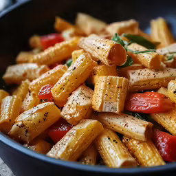 a blue bowl with pennes and tomatoes