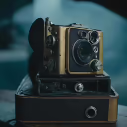 an old fashioned camera is sitting on top of a suitcase