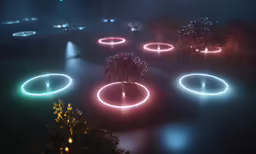 several colored light circles surrounded by trees and bushes