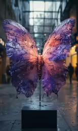 a purple and purple butterfly sculpture in an alley