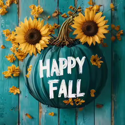 a pumpkin painted with white writing and sunflowers