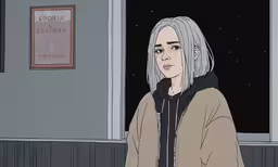 the girl is staring at her reflection in the window,the animated character is looking out of a room