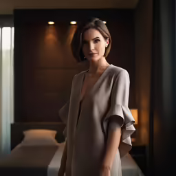 a woman poses in a bed room