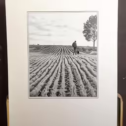 the farmer is standing by his field in black and white