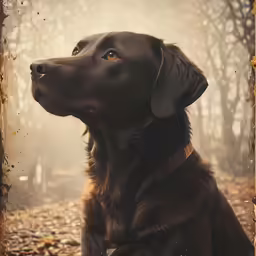 an old photograph of a dog in the woods