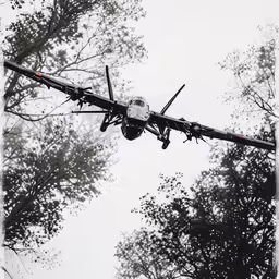 a plane flying over trees in the rain