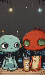 two cute little robots next to a giant mug