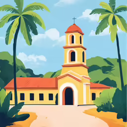 a painting of a church with palm trees and a sky background