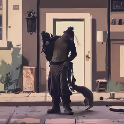 a man with a dog standing in front of a door