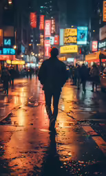 a man walking down the street at night