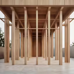 multiple columns and wooden beams are arranged in this room