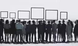 group of people with multiple empty squares standing in front of water