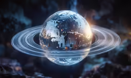 a silver ball is floating with two rings around it