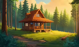 a cabin in the middle of a forest,a picture of the front of a cabin in the woods