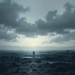 a man standing on the beach with his surfboard under a cloudy sky