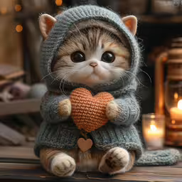 the toy kitten is wearing a knit hoodie with a heart,a teddy bear that is on a table