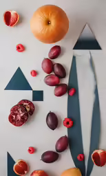 a knife, fruit and an eggplant cut in half on a white paper with an arrow and triangle