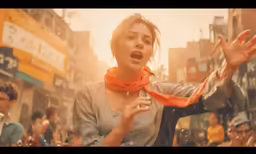 a woman in a scarf in a street