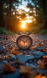 a little alarm clock on the ground with sunlight shining through some trees