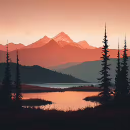 a photo of some trees and mountains at sunset,a sunset in the mountains is seen on a lake