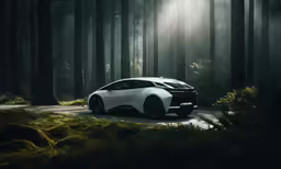 a white sports car is driving in a forest