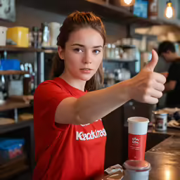 the girl is pointing her finger at the camera