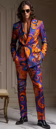 an image of man in fancy suit posing for photo,a man in an abstract suit is standing up against a wall