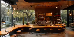 an open - plan bar area features many stools and lights