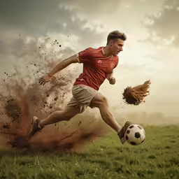 a soccer player kicking around a ball on a field