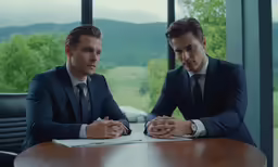 two men in suits and ties sitting at a table signing paperwork
