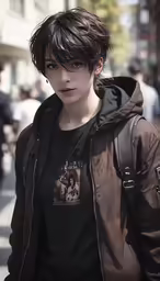 the woman is wearing a brown jacket and looking at the camera