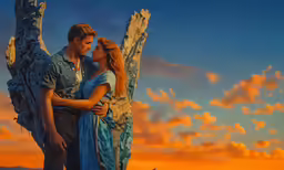 a man and woman hugging standing near an angel statue