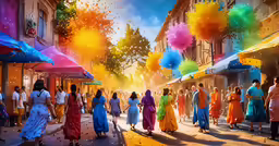 many people walk through a colorful street under umbrellas