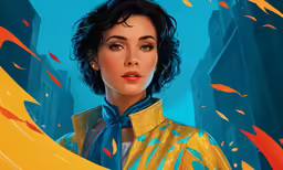 a painting of a woman in a yellow coat and blue scarf