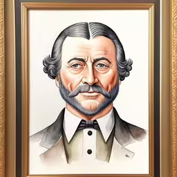 the painting is depicting an older man with long hair and mustache,an image of a portrait of a man with a beard