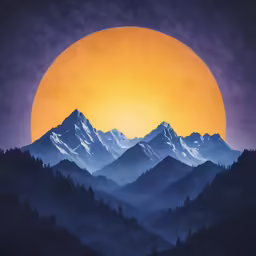 a painting of mountains with the sun over them