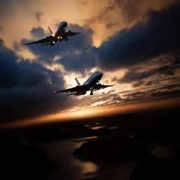 two planes in the air at sunset with clouds