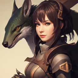 a digital image of an elf next to a wolf