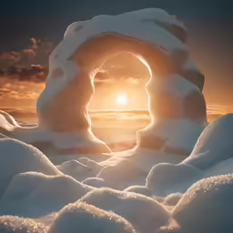 a sunset shining through the snow with an odd arch