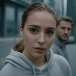 a beautiful young blonde woman standing in front of a man