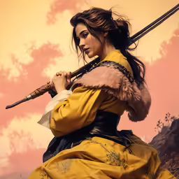 a woman holding an empty sword while sitting down