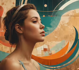 a beautiful woman wearing a head band, standing in front of an abstract painting,a woman standing in front of some blue and orange shapes