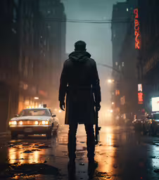 man standing on street with umbrella in city,the man in the black jacket is walking down the street